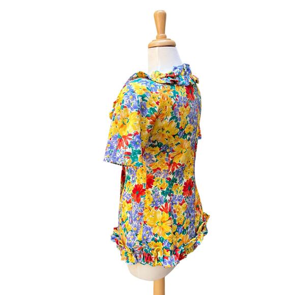 VTG Oscar de la Renta Studio Silk Blouse Top Jacket Small Floral Button Ruffles - Picture 5 of 14